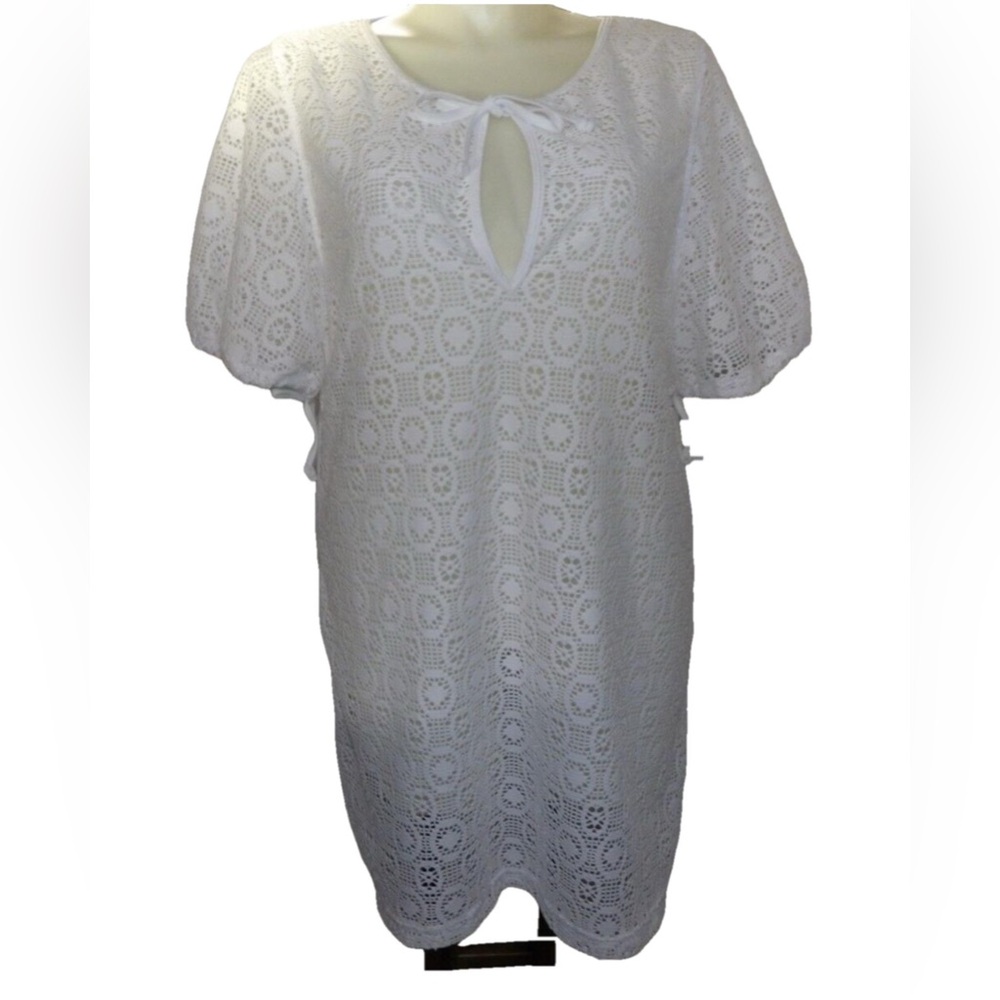 Jaclyn Smith Swim Cover 3X White Eyelet Keyhole Neck Tie Resort Beach Vacation